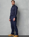 Men's navy cotton drill cargo pants with knee pads, featuring two front pockets and a logo on the waistband.