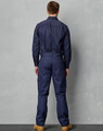 Navy blue men's cotton drill cargo pants with knee pads, featuring a fitted design and pockets.