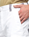 Unisex utility stretch cargo work shorts in white, featuring side pockets and grey detailing. Includes a logo tag.