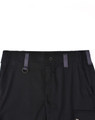 Unisex black utility stretch cargo work shorts featuring pockets and a branded logo. Elastic waistband with belt loops.