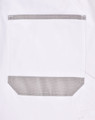 A white cargo short pocket featuring a grey trim and a logo. Simple design for utility use.