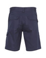 A pair of navy blue heavy cotton drill shorts with multiple pockets and a logo on the back.