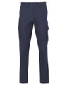 Navy cargo pants featuring side pockets and a regular fit, with a logo on the waistband.