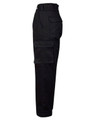 A pair of black regular fit cargo pants featuring a side drill pant pocket. The pants have a sleek profile and a logo.