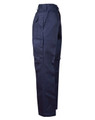 Navy cargo pants with a regular fit and a drill pant pocket on the leg, featuring a logo.