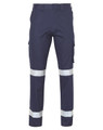 Navy work pants featuring a drill pant pocket on the leg and reflective strips. Includes a logo on the waistband.