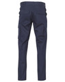 Navy cargo pants with drill pant pockets on the legs and a stout fit, featuring two rear pockets.
