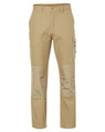 Khaki work pants with reinforced patches, featuring a cargo pocket and a logo. Suitable for heavy-duty use.