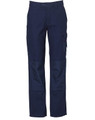 Navy ladies' work pants featuring cargo pockets and contrast paneling. Includes a logo on the design.