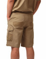 Khaki cargo shorts with multiple pockets and a logo, shown from the back. Features stitching details.