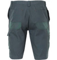 A pair of green cargo shorts with multiple pockets and a waistband, featuring a logo.