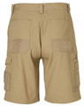 Cargo work shorts in khaki with multiple pockets at the back and sides. Includes a logo on one of the pockets.
