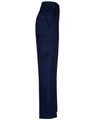 Navy work pants featuring multiple side pockets and a long fit design. Includes a branding logo.