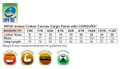 A set of size and measurement charts for unisex cotton canvas cargo work pants, featuring a logo and specifics on fabric.