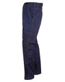 Lightweight semi-fitted navy work pants with multiple pockets and contrasting stitching. Includes a branding logo.