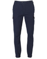 A pair of navy work pants with cargo pockets and an elasticated cuff, featuring a logo on the waistband.