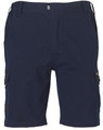 Navy blue work shorts featuring a front fastening, pockets, and a logo.