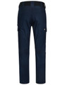 Navy stretch work pants with a fitted design, featuring multiple pockets and a logo on the back.