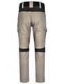 Work pants in tan and black with multiple pockets and a logo, featuring a modern fit design.