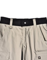 Rip-stop poly/cotton stretch work pants in beige with a black waistband and multiple pockets, featuring a logo.