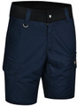 Rip-stop poly/cotton stretch work shorts in navy blue, featuring side pockets and an elastic waistband.