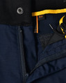 Close-up of navy blue Rip-Stop Poly/Cotton Stretch Work Shorts featuring a zipper and detailed stitching.
