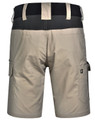Beige work shorts with a stretchy black waistband and side pockets, featuring a logo on the side.
