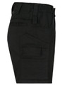 A pair of black unisex cotton stretch ripstop work shorts featuring multiple pockets and an elastic waistband.