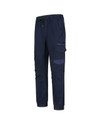 Unisex cotton stretch drill cuffed work pants in navy blue with pockets and a drawstring waistband.