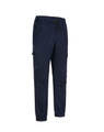 Unisex cotton stretch drill cuffed work pants in navy, featuring side pockets and a drawstring waist.