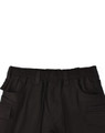 Unisex black cotton stretch drill work shorts featuring an elastic waistband and multiple pockets.