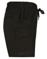 Unisex cotton stretch drill shorts in black, featuring a side pocket and an elasticised waist with a drawstring.