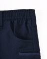 Navy unisex cotton stretch drill work shorts featuring an elastic waistband and side pockets, with a logo.