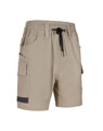 Unisex cotton stretch drill shorts in beige with pockets and an elastic waistband. Features branding.