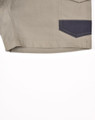 Unisex cotton stretch drill work shorts in khaki with a navy accent pocket. Features a logo on the side.
