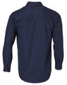 A navy long-sleeve cotton work shirt with a back yoke and buttoned cuffs. Features a logo.