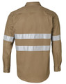 A long-sleeve work shirt in brown featuring reflective 3M tape strips and a logo. Designed for durability and visibility.