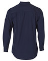 A navy blue long sleeve work shirt with a collar and buttoned cuffs. The back features a simple design and a logo.