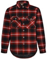 A red and black quilted flannel shirt featuring a check pattern, button-up front, and two chest pockets.