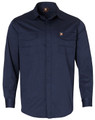 A navy long-sleeved work shirt featuring two front pockets and a small logo.