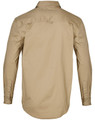 A beige long-sleeved work shirt with a back yoke and cuff details, featuring a logo.