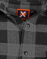 A black and grey plaid unisex flannel button-up shirt featuring a logo on the label.