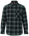A unisex flannel plaid shirt in black and teal with a button-up front and a single chest pocket.