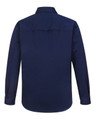 A navy long-sleeve work shirt with a closed front and collar, featuring a logo.