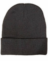A dark grey beanie with a rolled cuff, made from rPET fabric, featuring a small logo.