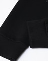 A black unisex crew neck sweater featuring airlayered CVC fabric with ribbed cuffs. It has a logo on the design.
