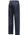 Lightweight nylon waterproof rain pants in navy blue, featuring an elastic waistband and two side pockets.
