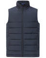 A men's sustainable insulated puffer vest in navy blue with a 3D cut design and a front zip closure.