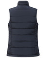 A navy insulated puffer vest with a 3D cut and a high collar, featuring a logo. Ideal for layering.