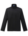 A black men's sustainable softshell jacket with a standing collar and a zip pocket on the front. Features branding.